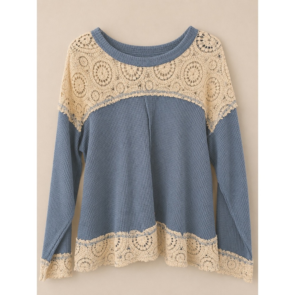 POL Blue Waffle Knit‎ Top with Cream Crochet Lace Trim Boho Long Sleeve Large - Picture 3 of 5